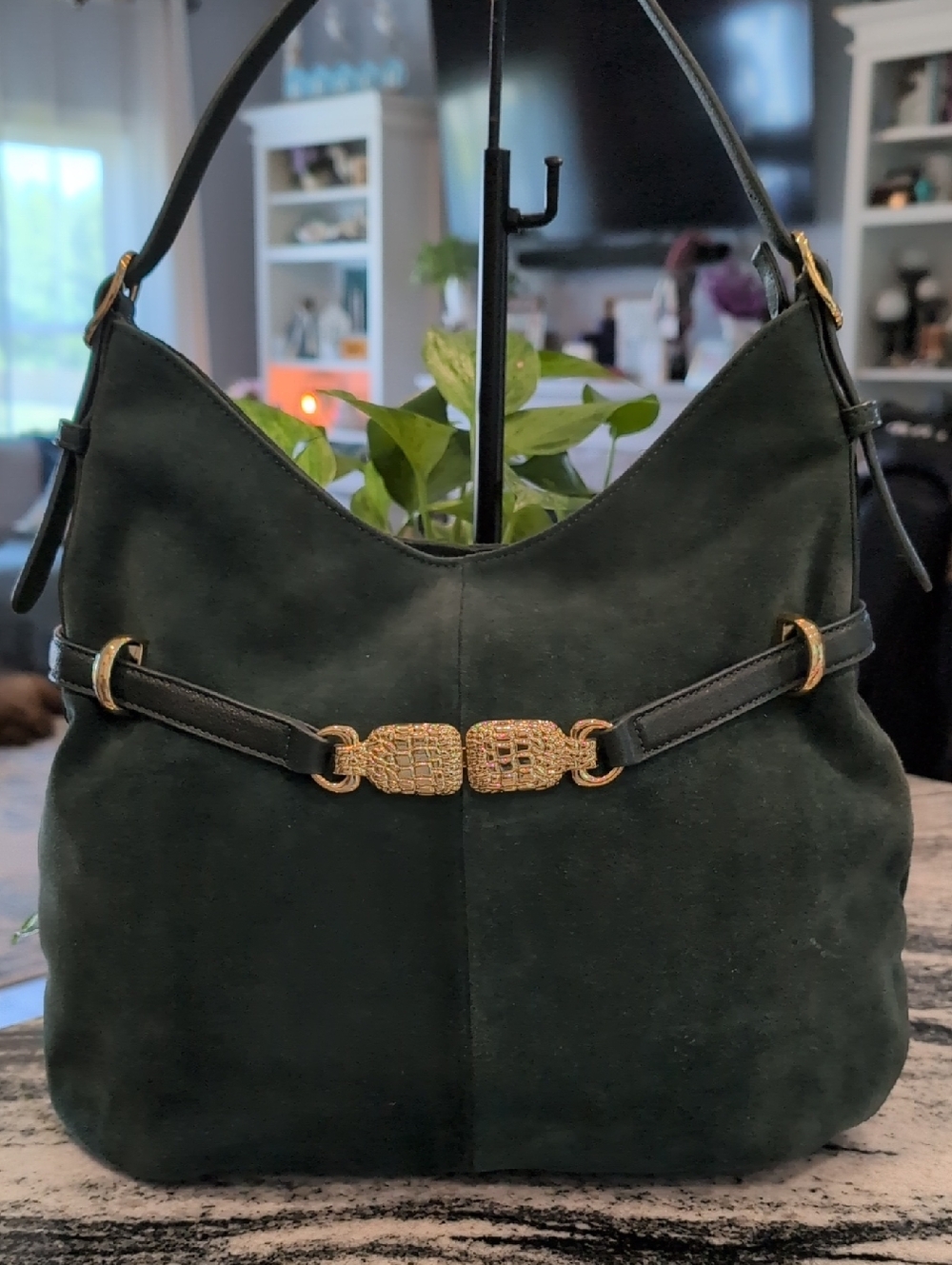 Talbots Dark Green Suede Hobo with Gold Buckle Detail